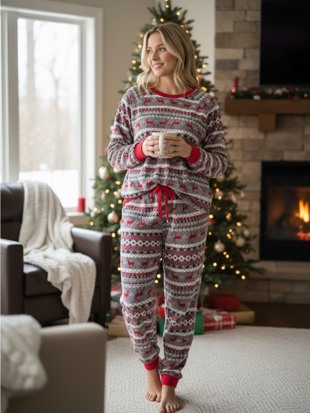 kenzie Red & Gray Fair Isle Reindeer Fleece Pajama Set